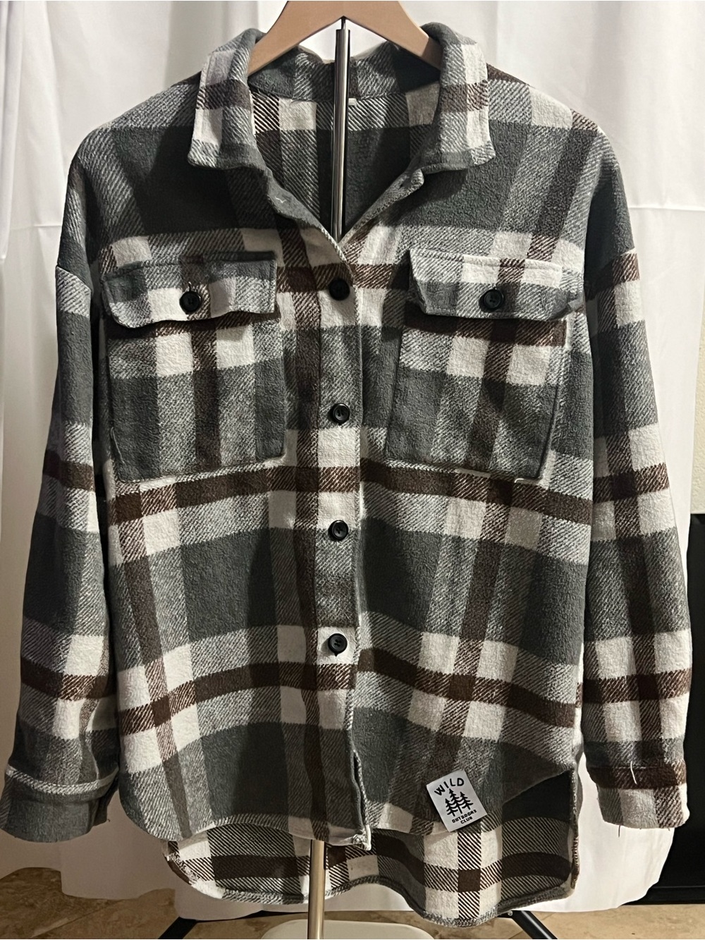 Plaid Utility Shacket in Gray & Brown